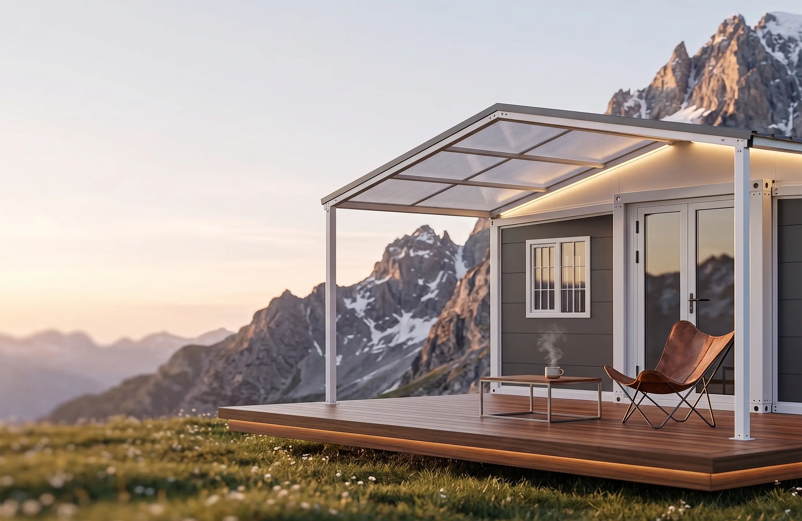 Vivienda modular expandible de la serie H-LUX de Homeralia situada en una pradera alpina al atardecer, destacando su estructura de acero blanco y diseño de ingeniería de lujo.